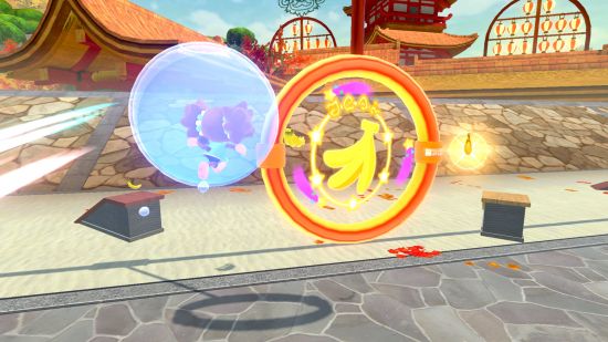 Screenshot for Super Monkey Ball Banana Rumble review showing a monkey heading toward the goal