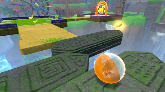 Screenshot for Super Monkey Ball Banana Rumble review showing a jungle based level