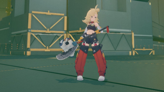 Zenless Zone Zero's Piper holding a large axe in a construction area