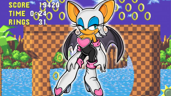 Sonic characters - Rouge the Bat in front of a screenshot of Green Hill Zone