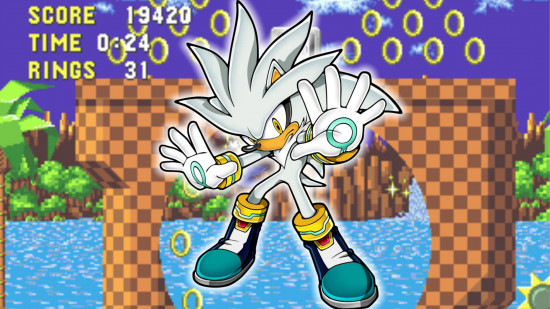 Sonic characters - Silver the Hedgehog in front of a screenshot of Green Hill Zone