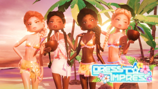 Dress to Impress visists key art showing foru models in bikinis on the beach