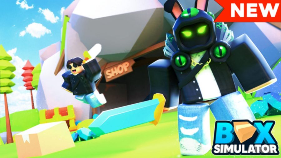 Art for the Roblox game Box Simulator showing two avatars outside a shop, one wearing a strange, futuristic mask.