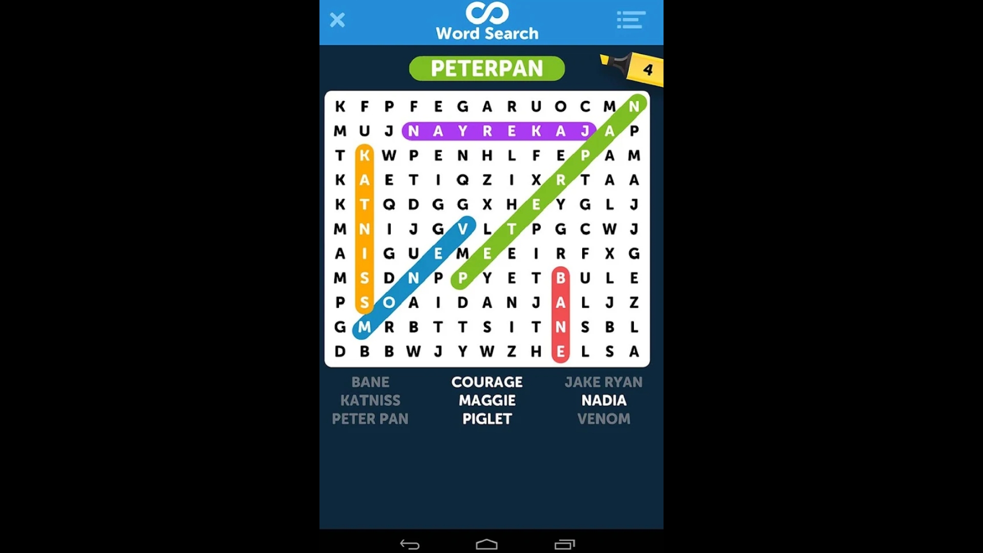 Best word games - Infinite Word Search Puzzles. A screenshot shows somebody attempting a Peter Pan themed crossword puzzle.