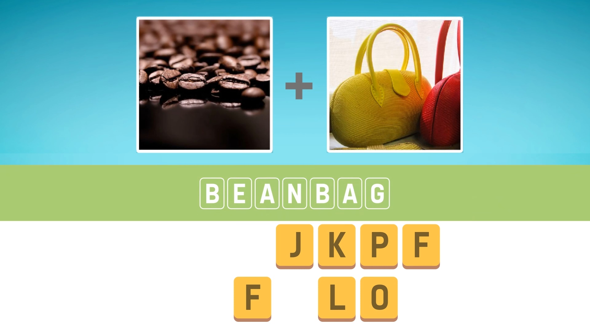 Best word games - Pictoword. A screenshot shows somebody correctly guessing the word "beanbag" based on a picture of coffee beans and a hand bag.