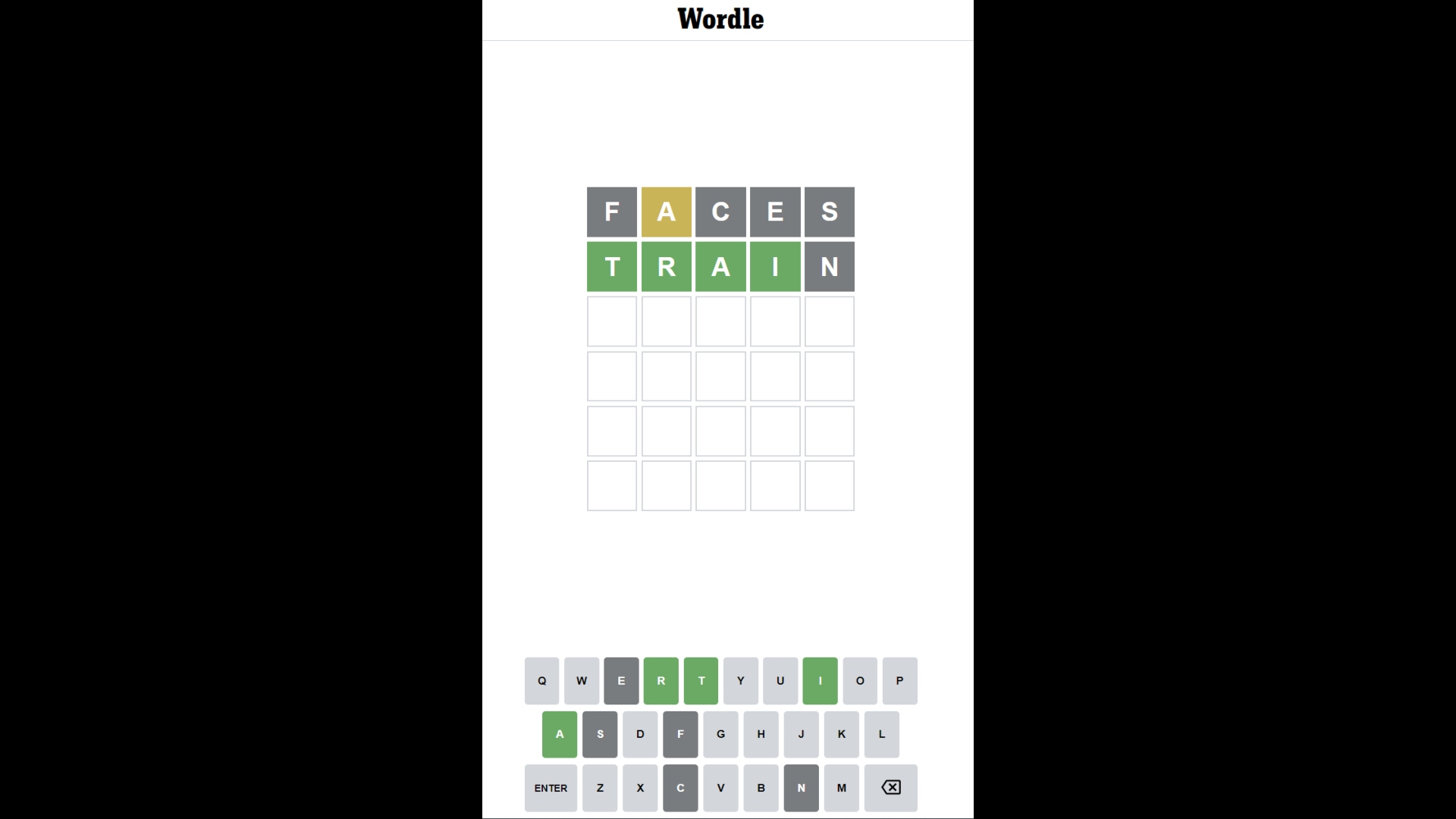 Best word games - Wordle. A screenshot shows a Wordle game in process, with the player having guessed the word "faces" and then "trains" but neither of them are the word of the day.