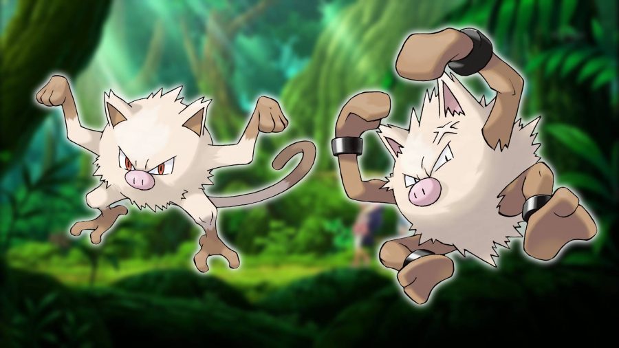 Monkey Pokemon: With a jungle-based Pokemon still in the background, an image shows the monkey Pokemon Mankey and Primeape